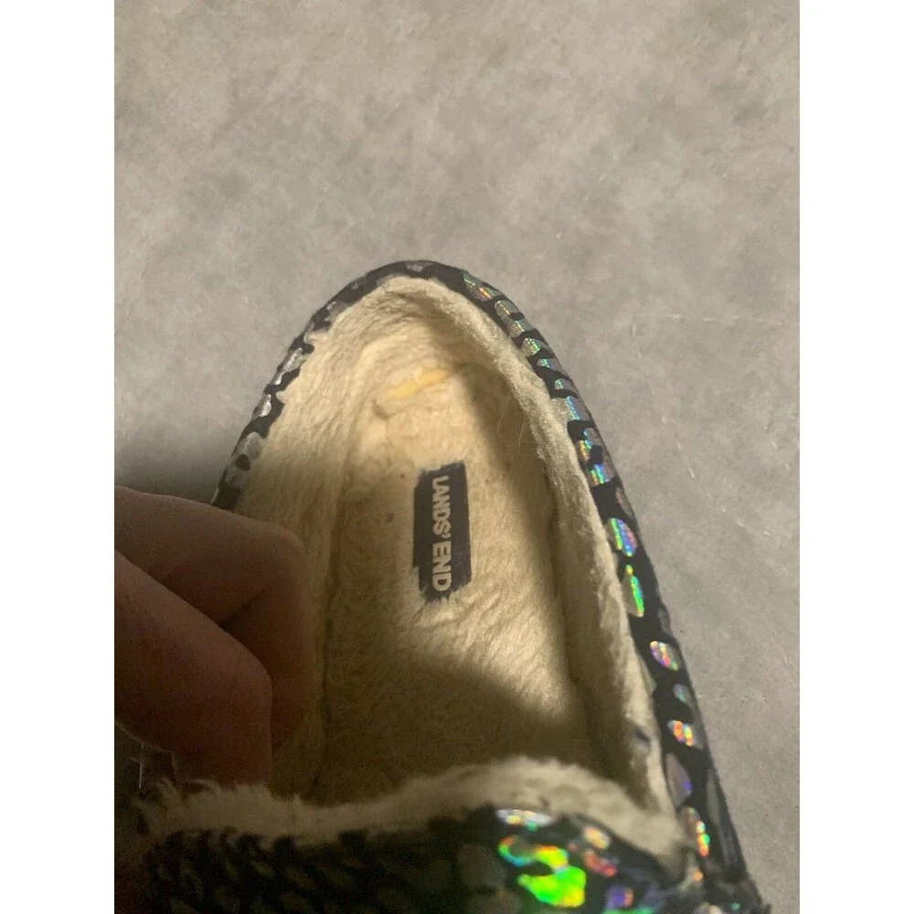 Girl's Land's End Shiny Animal Print Black & Silver Mocassins, Size 5 Used